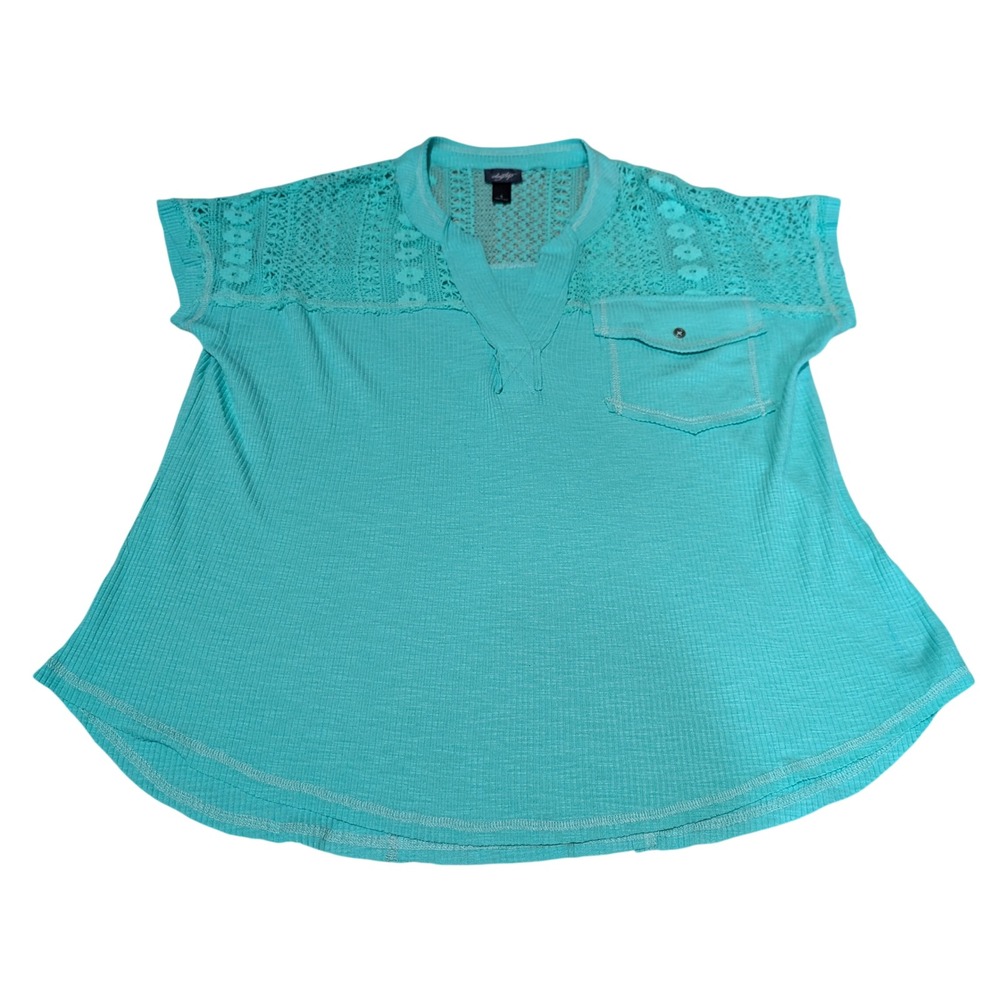 Daytrip Top Women Small Teal Waffle Knit Crochet Lace Boho Short Sleeve Pocket